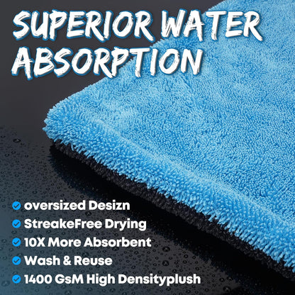 48”X24” Car Drying Towel for Full-Sized SUV, Dual Sided Microfiber Car Cleaning Towel with Twisting Yarn Technique, 1400GSM Super Absorbent Scratch-Free, Machine Washable (Dark Gray - Blue)