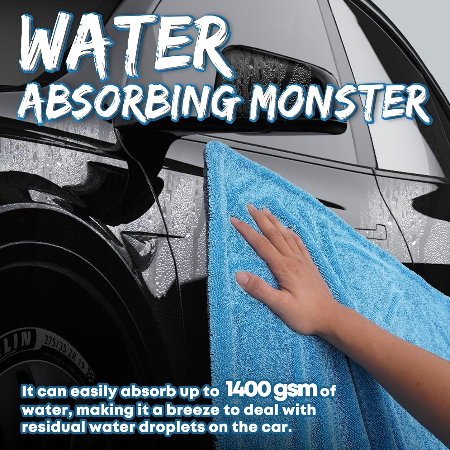 48”X24” Car Drying Towel for Full-Sized SUV, Dual Sided Microfiber Car Cleaning Towel with Twisting Yarn Technique, 1400GSM Super Absorbent Scratch-Free, Machine Washable (Dark Gray - Blue)