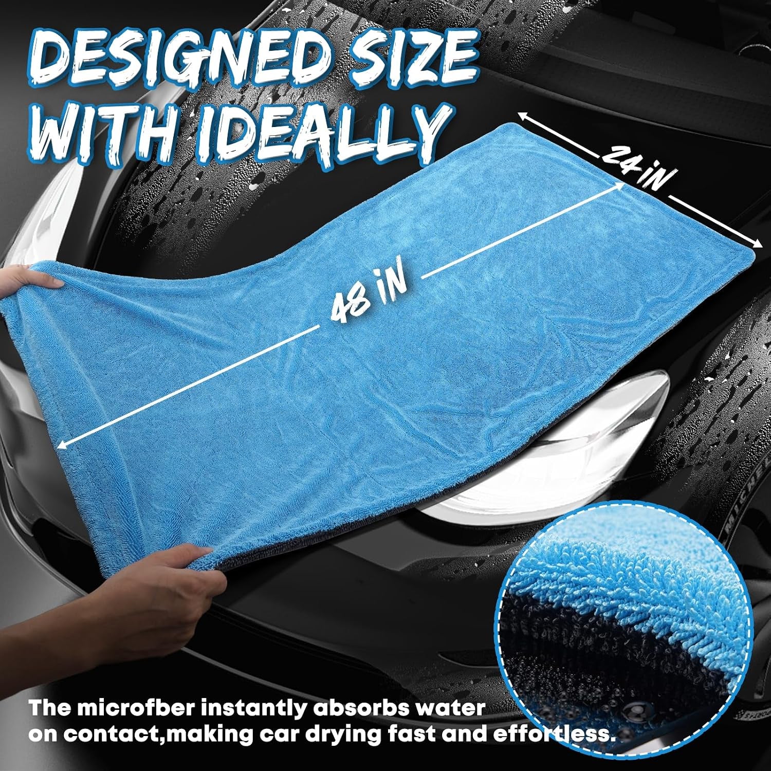 48”X24” Car Drying Towel for Full-Sized SUV, Dual Sided Microfiber Car Cleaning Towel with Twisting Yarn Technique, 1400GSM Super Absorbent Scratch-Free, Machine Washable (Dark Gray - Blue)